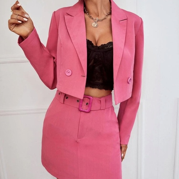 Pink Cropped Blazer Skirt Two 2 Piece Set - Picture 2 of 6